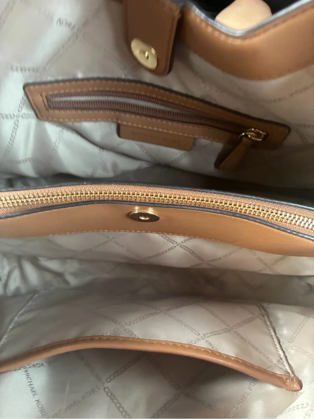 MICHAEL KORS Brown Monogram Canvas Shoulder Bag with Tan Trim